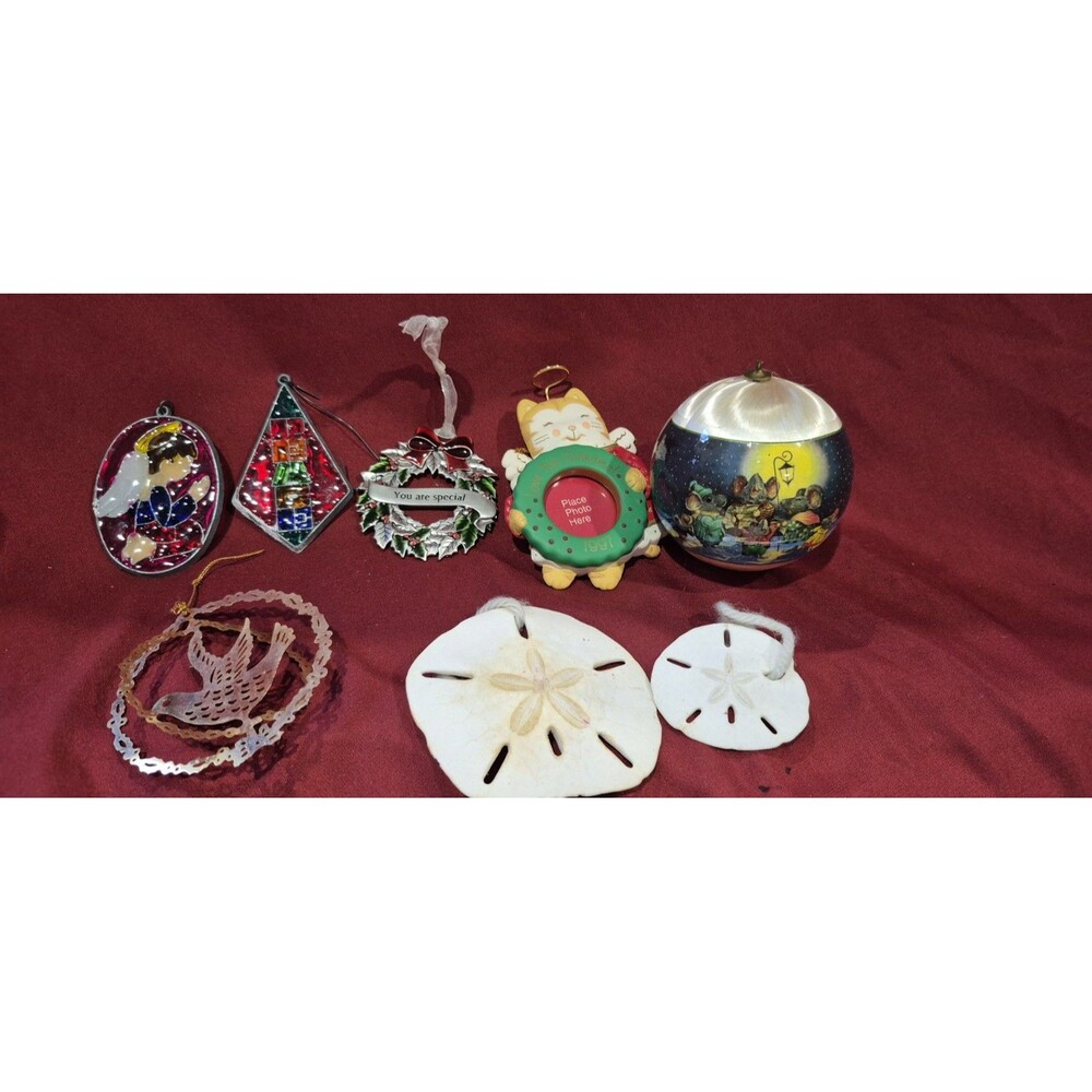 Lot Of 8 Christmas Ornaments Sand Dollar Stained Glass Pewter Wreath Tree Decor